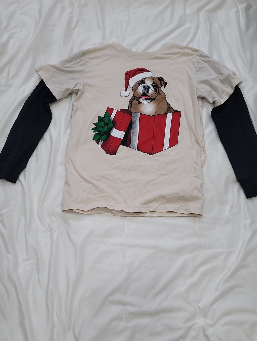 The Children's Place Beige Dog Tee with Black Sleeves and Holiday Bulldog